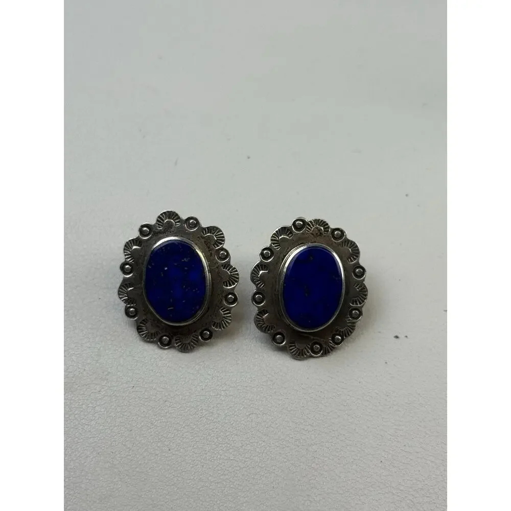 SAUL TM-142 Sterling Silver Pierced Earrings Mexico Vintage Lapis (posts not ss)